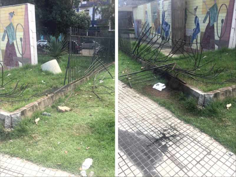 Caminhonete desgovernada destrói grade de monumento na Vila Tereza