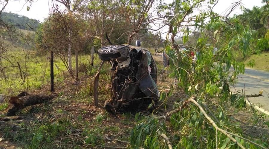 Carro bate em árvore após sair da estrada entre Cataguases e Leopoldina