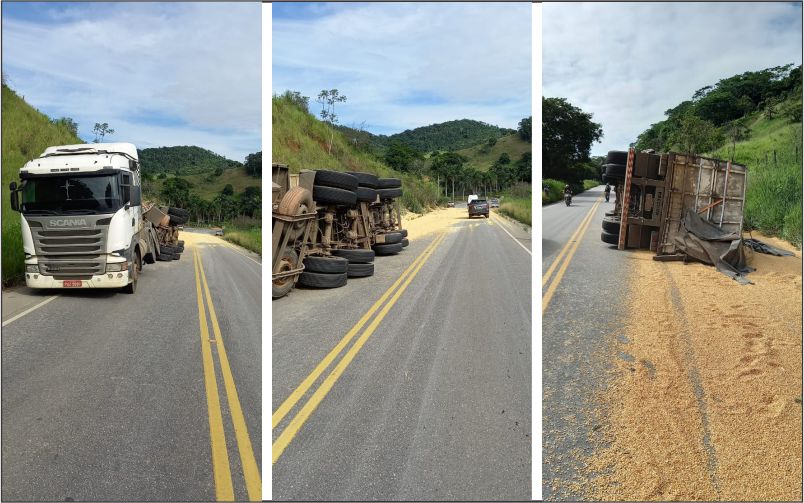 Carreta tomba próximo ao trevo de Itamarati de Minas e carga cai na pista