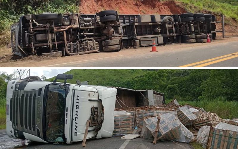 Duas carretas tombam na BR-116 em Leopoldina neste domingo