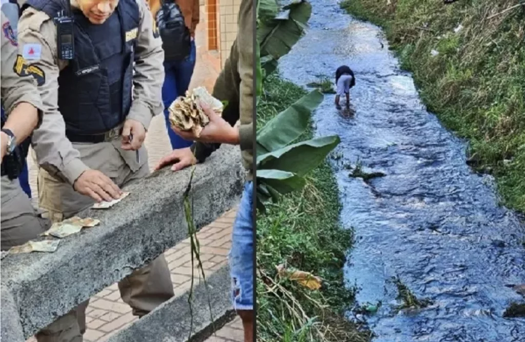 Populares recolhem dinheiro em ribeirão no centro de Viçosa