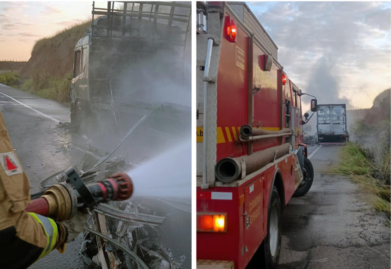 Bombeiros combatem incêndio em caminhão, próximo a Estrela Dalva