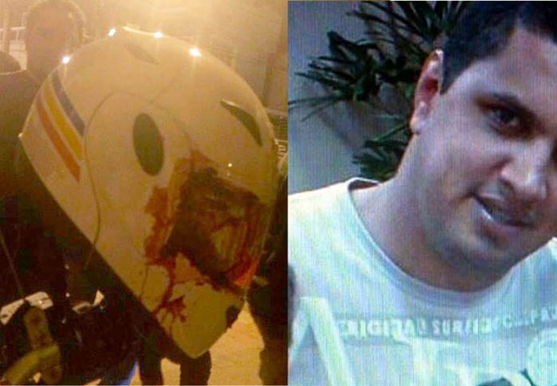 O capacete atingido pelo disparo e a vítima que levou um tiro à queima roupa