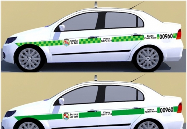Os taxistas de Além Paraíba vão escolher entre estas duas opções de faixa na lateral dos veículos