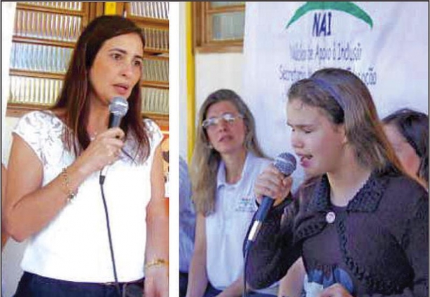 Luciana Moreira, durante seu discurso e a aluna Fernanda Antunes de Souza, que emocionou o público ao cantar durante a solenidade