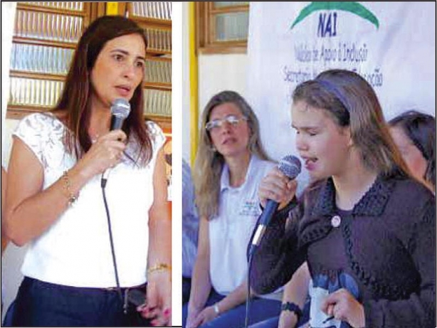 Luciana Moreira, durante seu discurso e a aluna Fernanda Antunes de Souza, que emocionou o p&uacute;blico ao cantar durante a solenidade