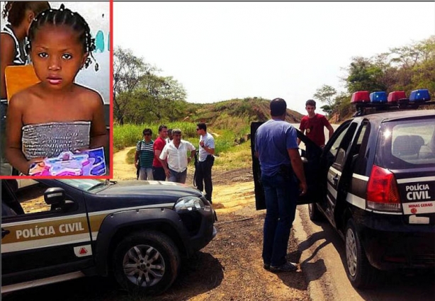 A menina Érica, no destaque, e viaturas da Polícia Civil durante as buscas realizadas nesta segunda-feira