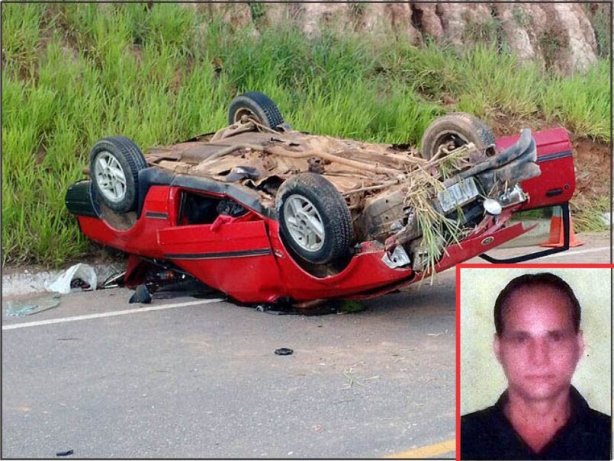Luiz Carlos, no detalhe, morreu no local do acidente, ap&oacute;s chocar seu carro contra o barranco