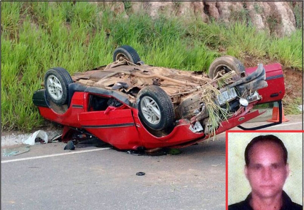 Luiz Carlos, no detalhe, morreu no local do acidente, após chocar seu carro contra o barranco
