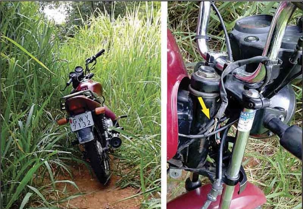 O ladrão conseguir fazer ligação direta na motocicleta, mas abandonou o veículo no meio de um matagal
