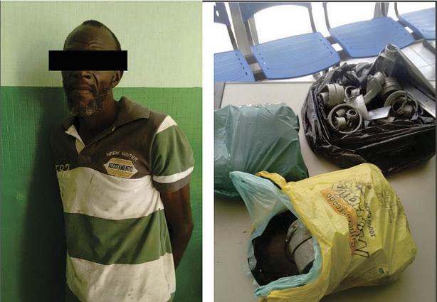Ele confessou aos policiais estar retirando objetos e fios de cobre da Subestação da Copasa e ainda mostrou três sacolas cheias de produtos furtados