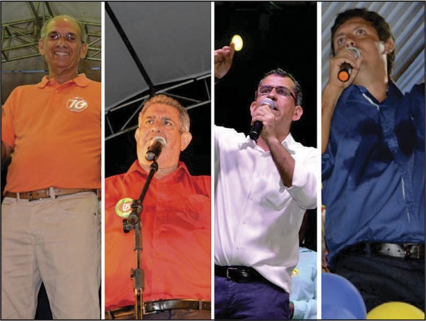 Os quatro candidatos a prefeito que realizaram com&iacute;cio na &uacute;ltima noite de campanha enfrentaram a chuva mas mantiveram o otimismo