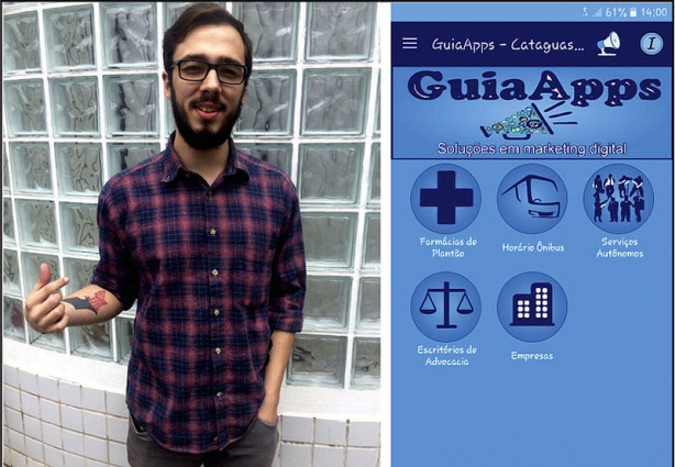 O estudante Hiago, criador do aplicativo com informações sobre Cataguases, juntamente com a interface do novo software