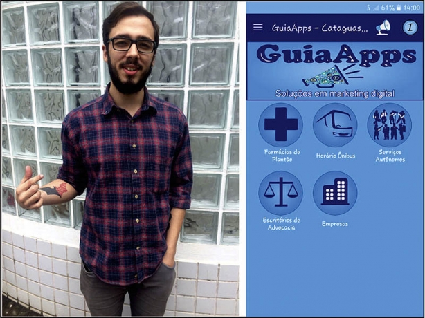 O estudante Hiago, criador do aplicativo com informa&ccedil;&otilde;es sobre Cataguases, juntamente com a interface do novo software