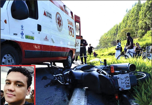 O motociclista, no detalhe da foto, morreu na hora, ao colidir com o caminhão que vinha pela BR-116