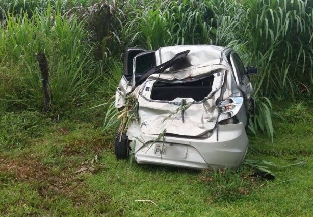 O carro, após capotar, foi parar no meio da pastagem, à margem da rodovia