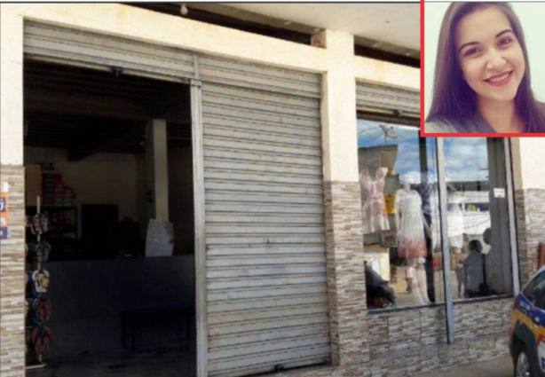 Fachada da loja onde aconteceu o crime e no detalhe a foto da vítima: tragédia chocou a cidade