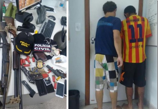 As munições e armas encontradas no esconderijo dos criminosos e os dois que foram presos