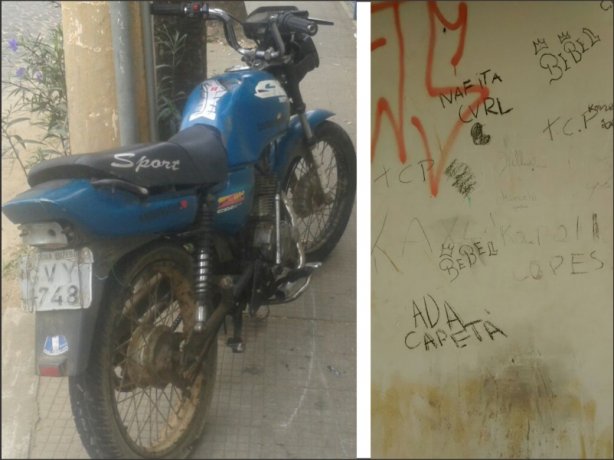 A motocicleta apreendida e parte da parede que estava sendo pichada por dois adolescentes
