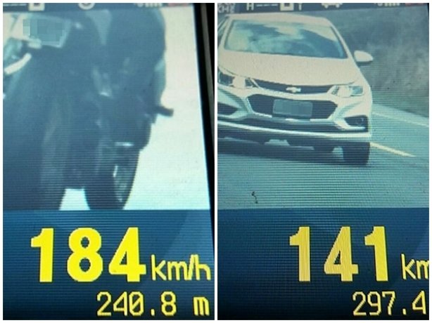 A velocidade da motocicleta, na foto a esquerda, foi registrada durante a opera&ccedil;&atilde;o da PRF