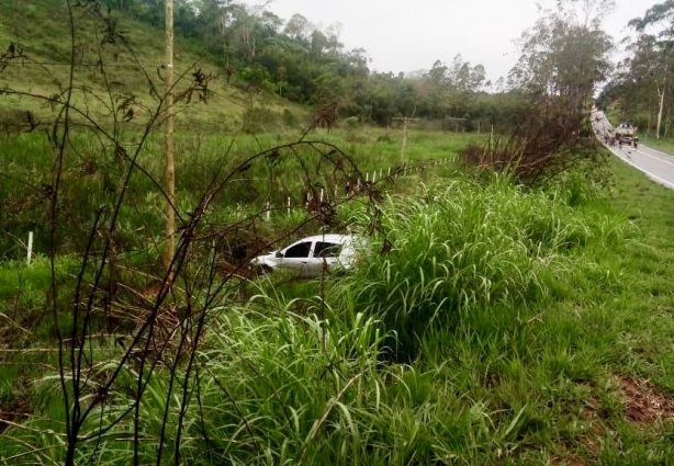 O veículo saiu da pista em uma curva e parou no meio do mato