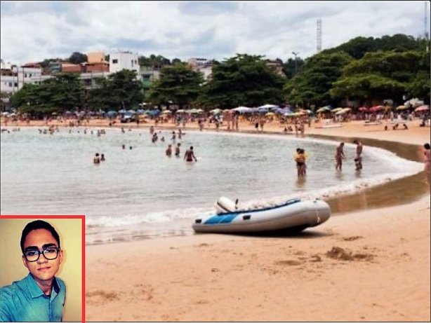 Praia dos Namorados em Iriri onde o jovem Jonathas (no destaque na foto) se afogou na manh&atilde; deste s&aacute;bado, 20